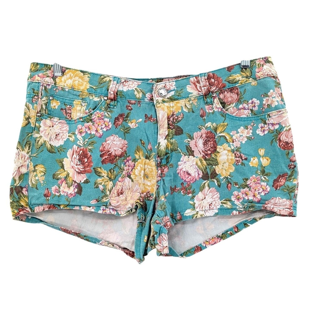 Vintage Floral‎ Denim Shorts Turquoise Cottagecore Low Rise Size 16